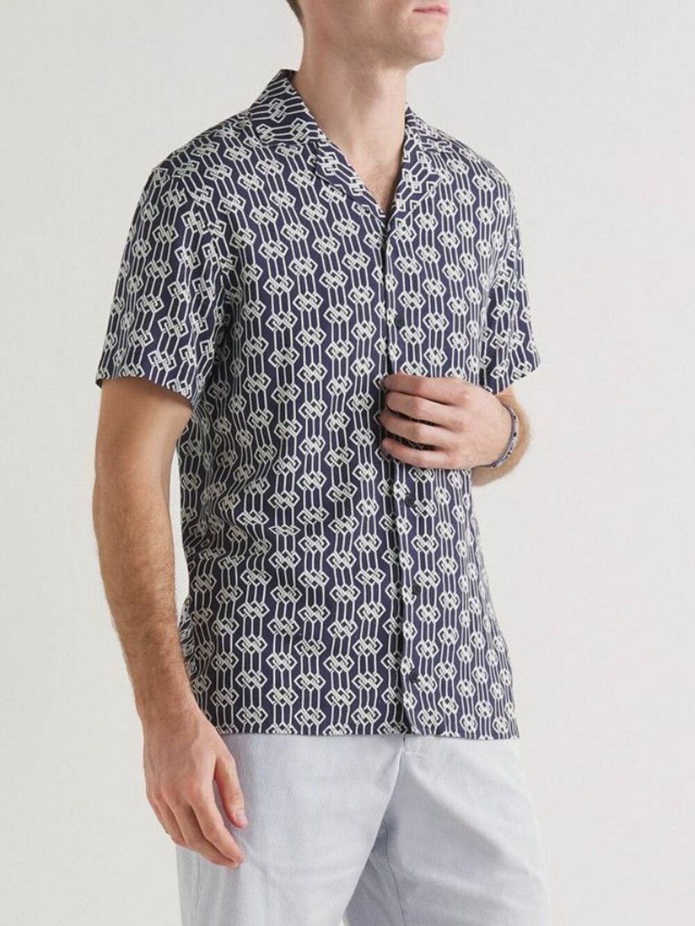 Orlebar Brown Travis Waypoint Camp-Collar Printed Voile Shirt Blue Size S